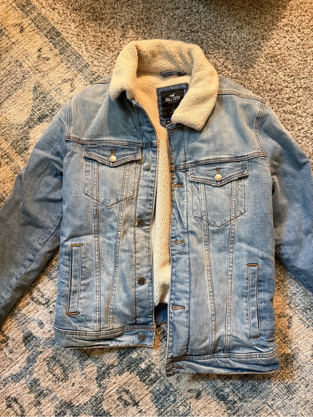 Hollister Light Blue Denim Sherpa Jacket with Sherpa Collar